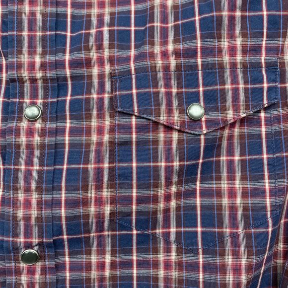Banana Republic Slim Fit Pearl Snap Shirt Mens Medium Red Blue Plaid Western - Picture 5 of 9